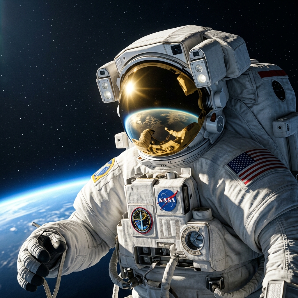 Astra-1 crew member in realistic NASA spacesuit with helmet visor